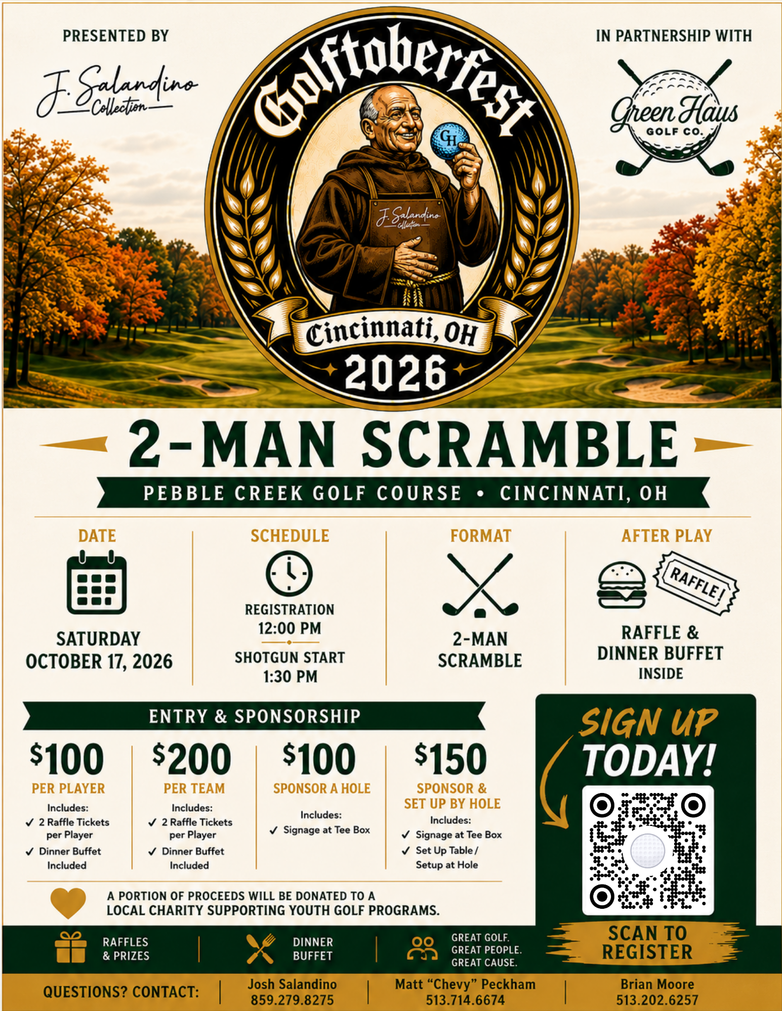 Official GOLFtoberfest 2026 flyer with event artwork, schedule, entry prices, and sponsorship details